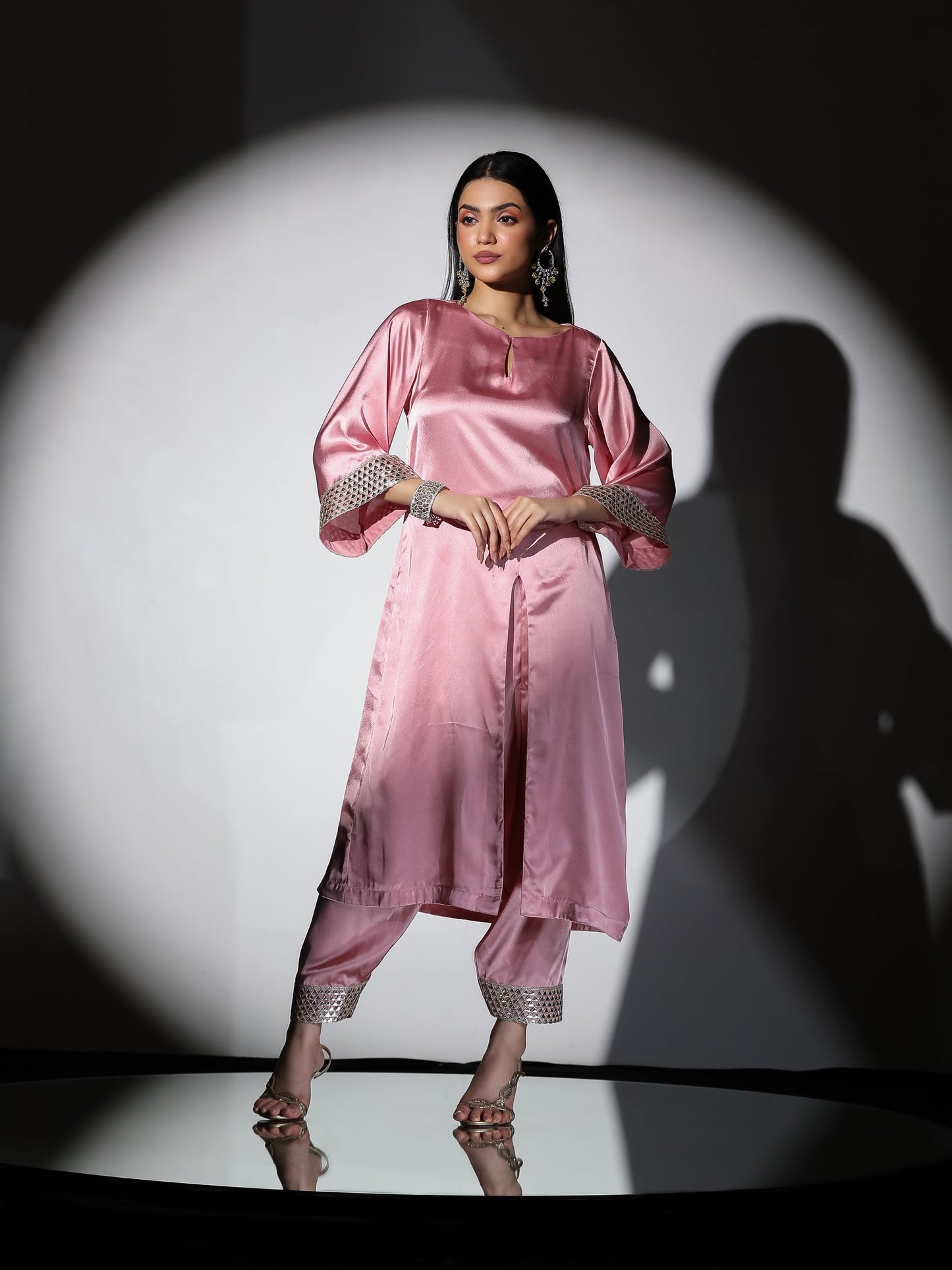 Dhiyona ST Women's Vision in Pink Satin Set with Gold Triangle on Sleeves and Easy Pants 2 Piece Set | Straight Fit, Round Neck, 3/4 Sleeves, Pants, Festive Wear, (Satin)