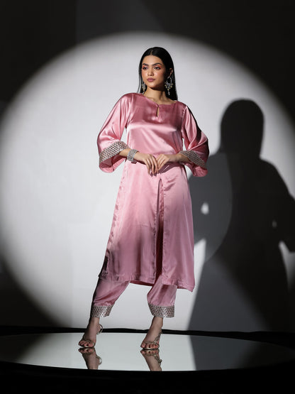 Dhiyona ST Women's Vision in Pink Satin Set with Gold Triangle on Sleeves and Easy Pants 2 Piece Set | Straight Fit, Round Neck, 3/4 Sleeves, Pants, Festive Wear, (Satin)