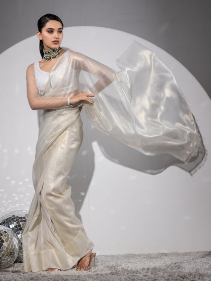 Dhiyona ST Royal Affair White Gold Organza Saree with Embroidered Blouse Fabric