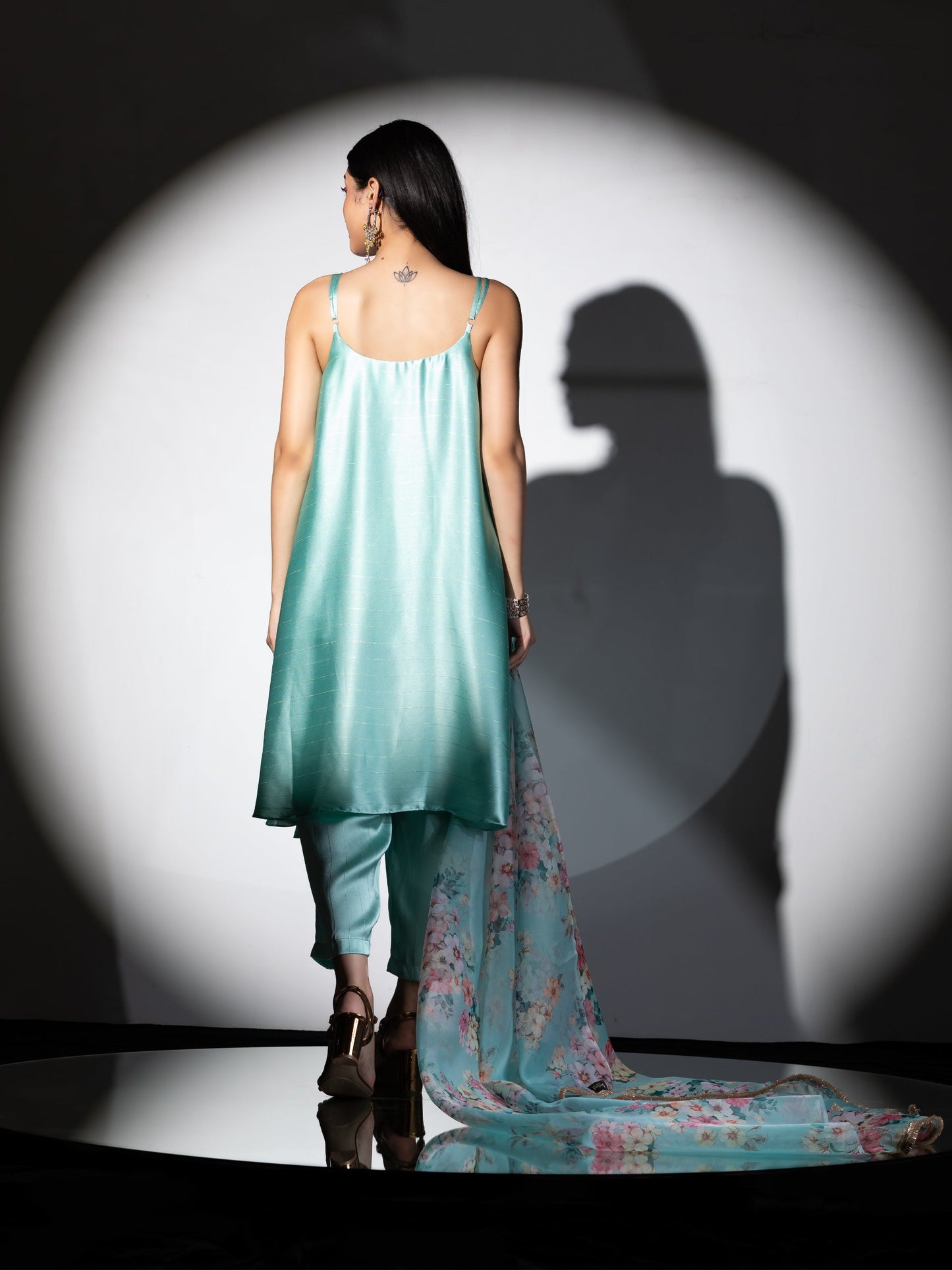 Dhiyona ST Women's Mint Stripe Satin Dress Set with Pants and Organza Printed Dupatta with Lace 3 Piece Set | Straight Fit, Round Neck, Sleeveless, Pants, Partywear, (Satin Organza)