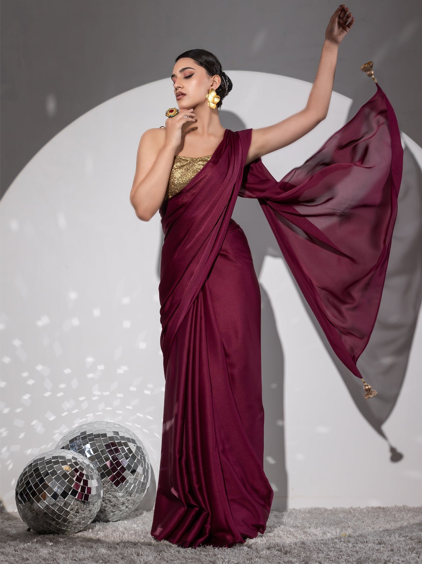 Dhiyona ST Wine Satin Saree with Bronze Pendants