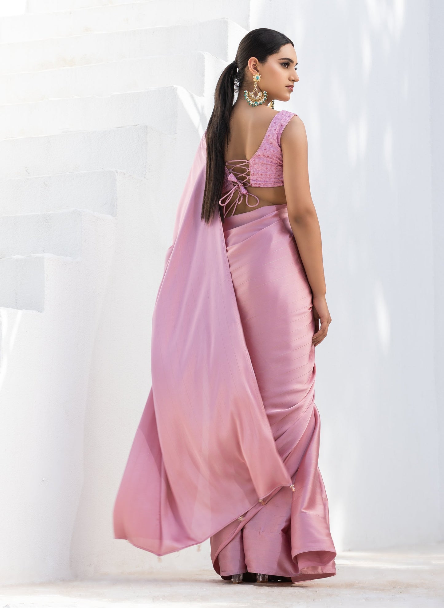 Dhiyona ST Cherry Blossom Pink Stripe Satin Saree with Embroidery Blouse fabric