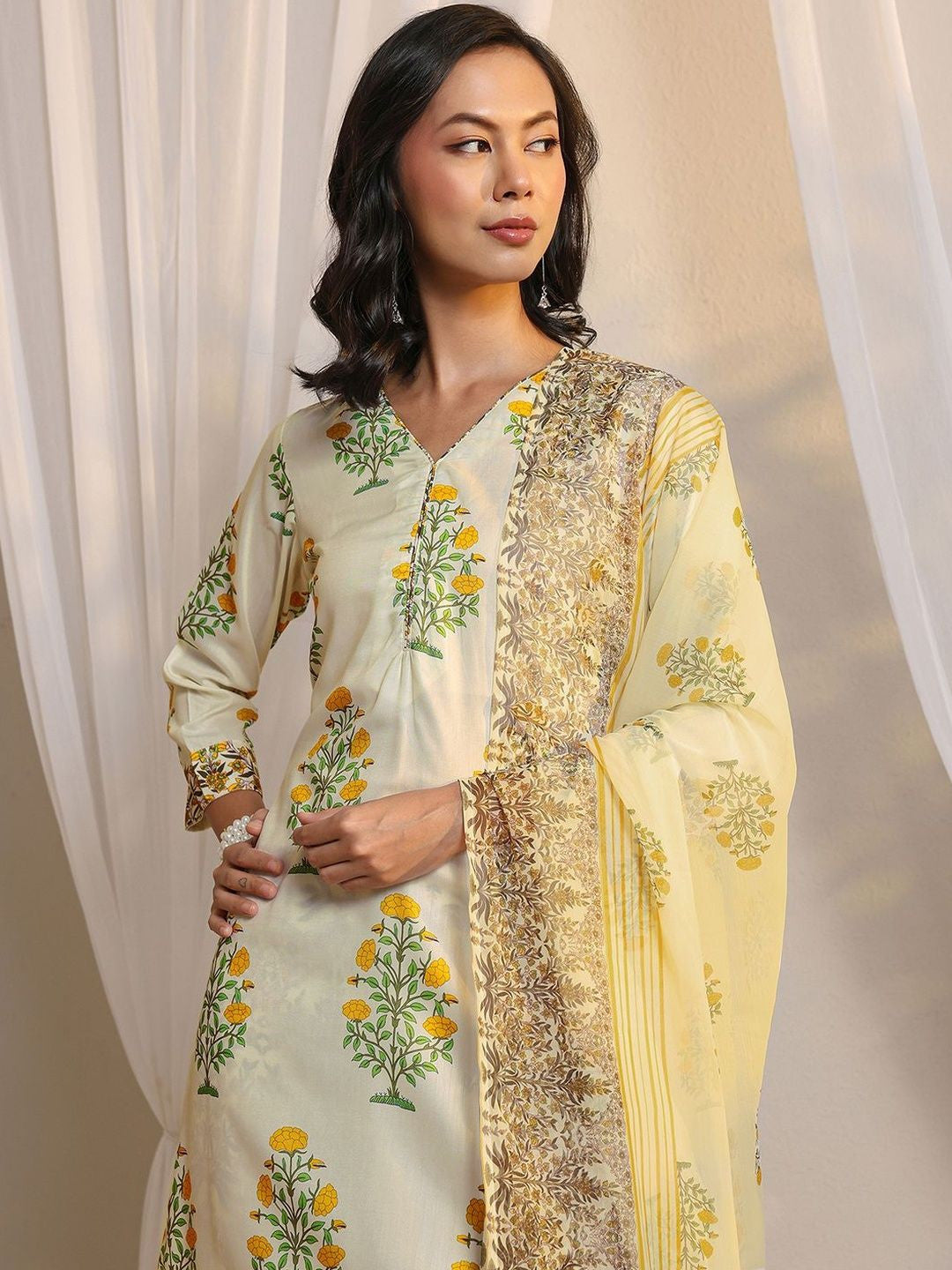 Off White Floral Printed Chanderi Silk Straight Suit Set with Dupatta