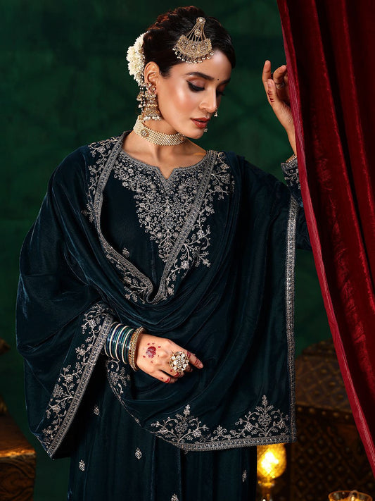 Dhiyona LL Floral Embroidered Straight Sequinned Velvet Kurta with Palazzos & Dupatta