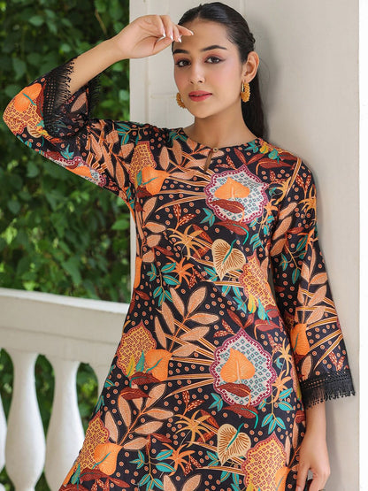 Dhiyona RR Women's Floral Printed Keyhole Neck Pure Cotton Kurta & Trousers