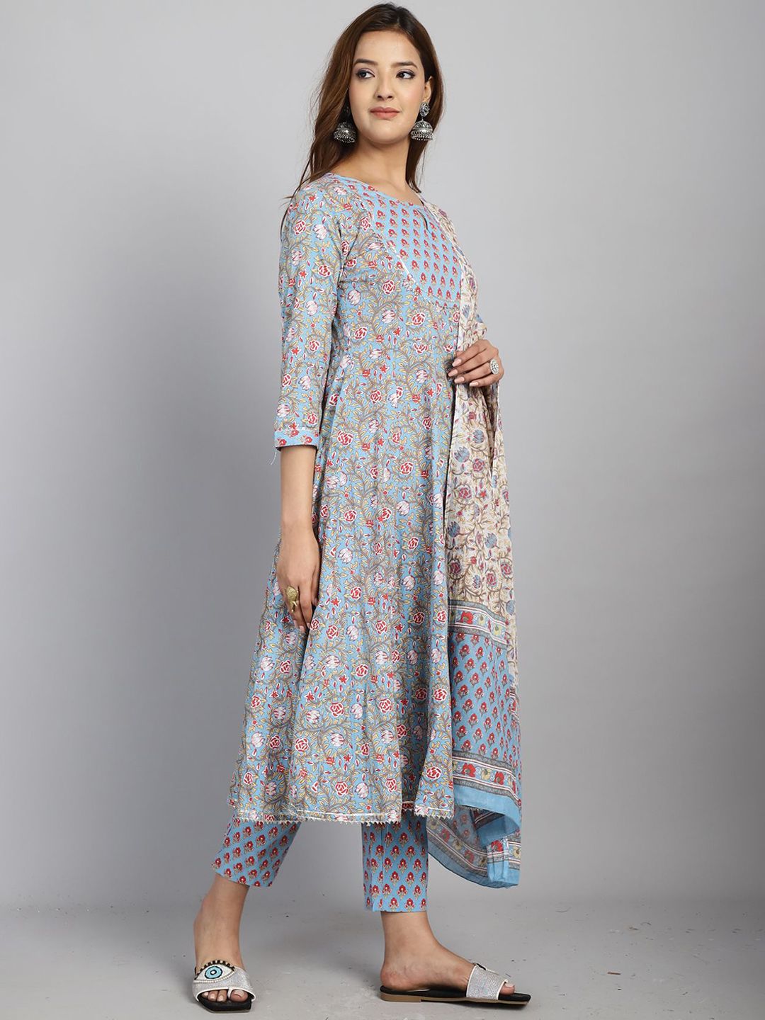 Dhiyona KL Floral Printed Pure Cotton Anarkali Kurta With Trouser & Dupatta