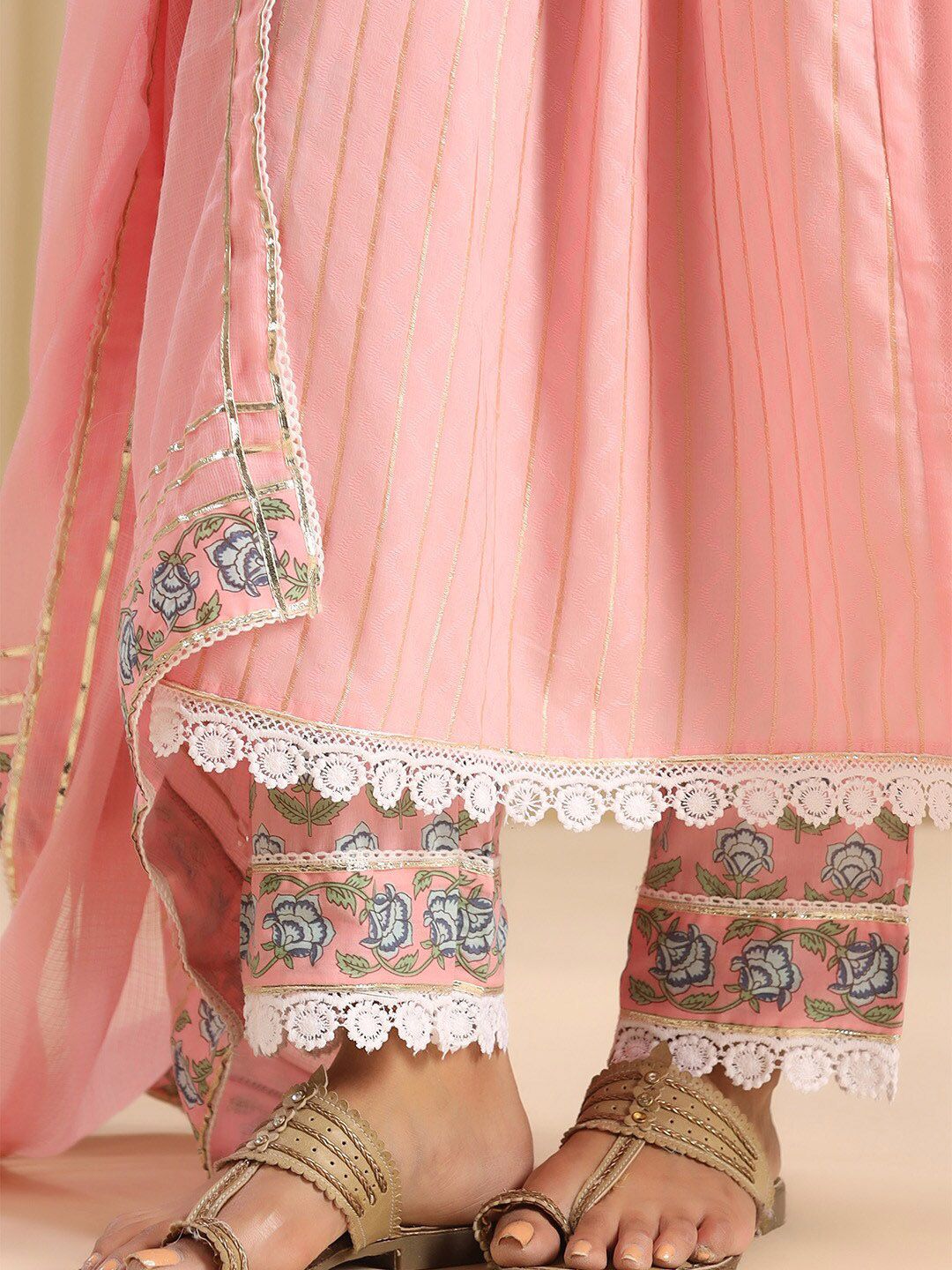 Dhiyona IS Women's Floral Yoke Design Pleated Empire Kurta with Trousers & Dupatta