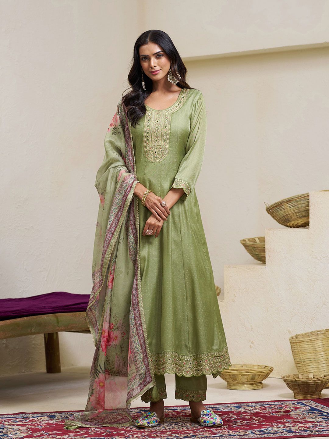 Dhiyona CH Women Ethnic Motifs Embroidered Mirror Work Kurta with Trousers & Dupatta