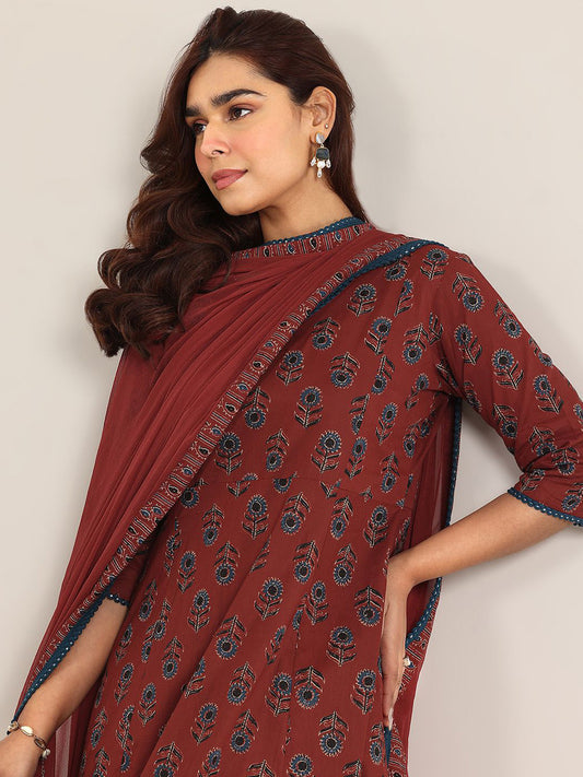Floral Printed V-Neck A-Line Kurta With Trousers And Dupatta