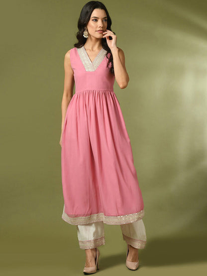 Embroidered Sequined A-Line Kurta With Trousers