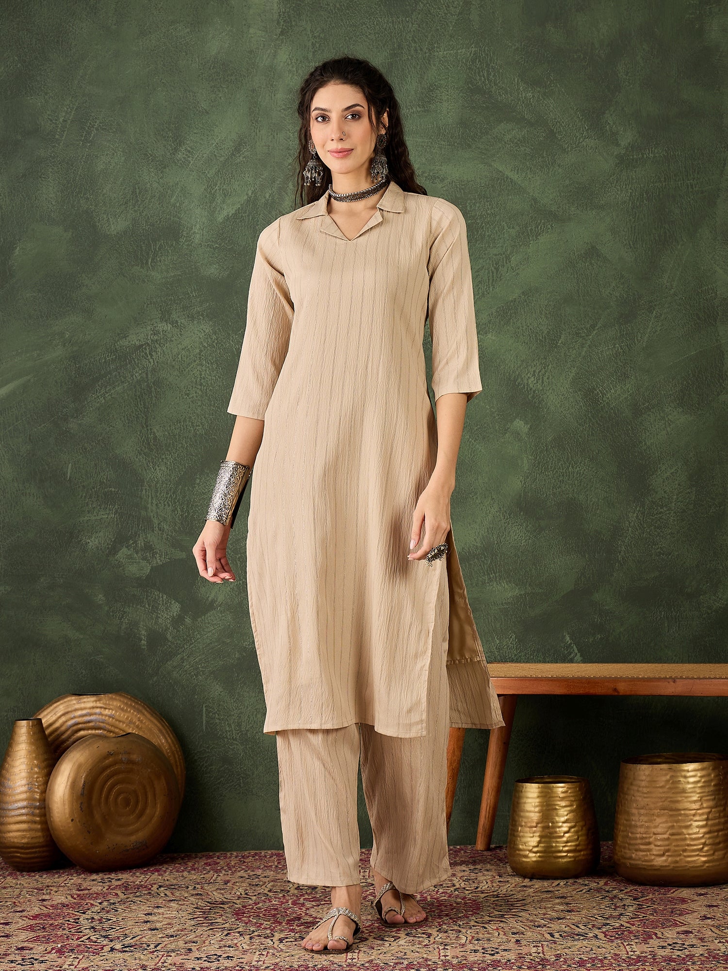 Dhiyona VV Mishka Women's Office, Festive Wear Cream Straight Kurta & Pant, Co-ord Set