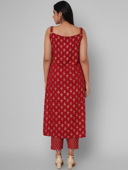Dhiyona KL Women Red Ethnic Motifs Embroidered Gotta Patti Kurti with Trousers & With Dupatta