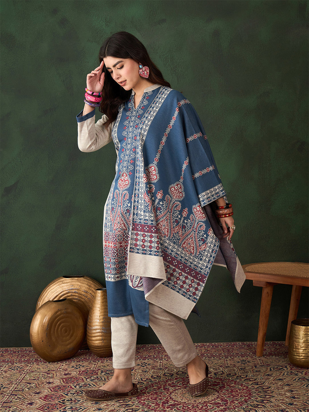 Floral Woven Design Winter Kurta & Trousers With Dupatta