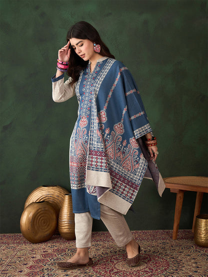 Floral Woven Design Winter Kurta & Trousers With Dupatta