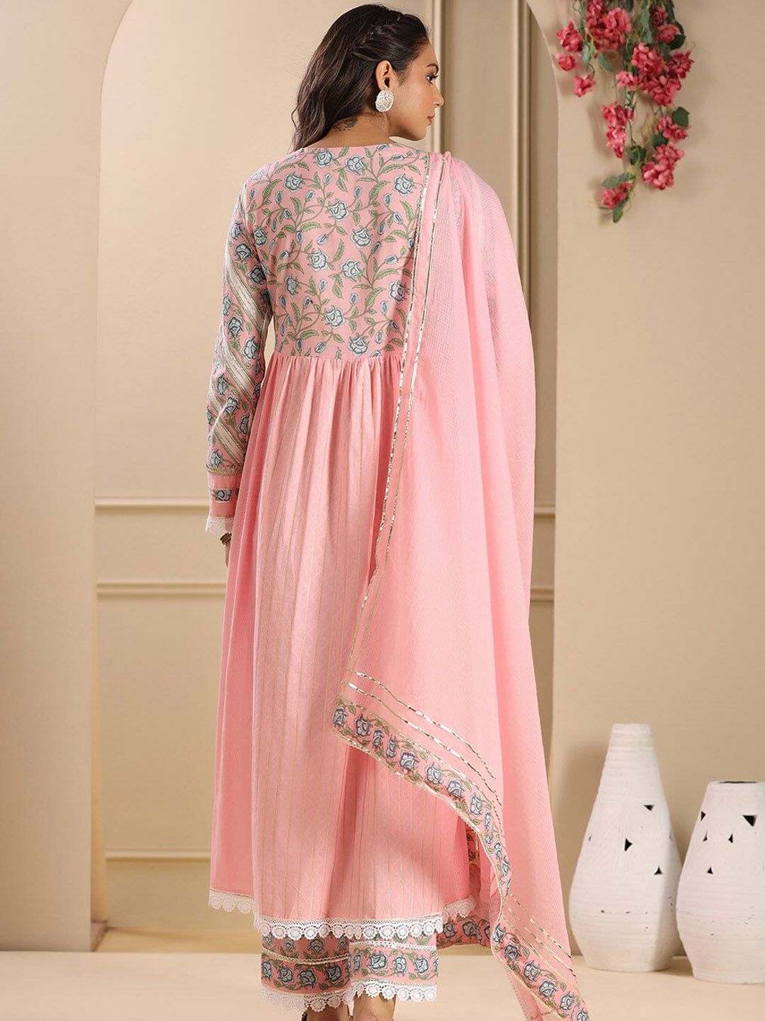 Dhiyona IS Women's Floral Yoke Design Pleated Empire Kurta with Trousers & Dupatta