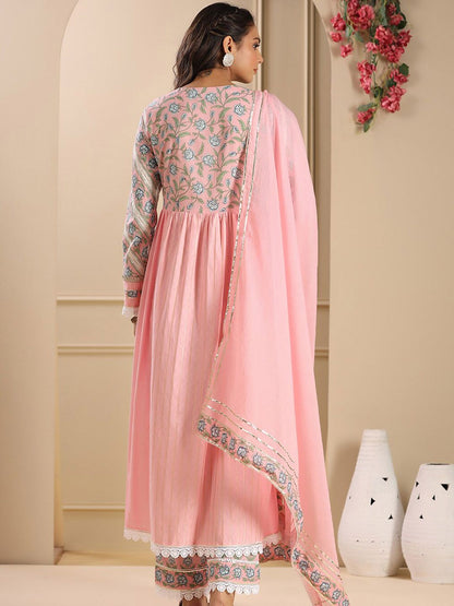 Dhiyona IS Women's Floral Yoke Design Pleated Empire Kurta with Trousers & Dupatta