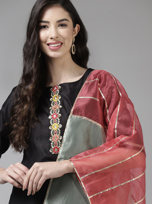 Women Black & Pink Floral Embroidered Kurta with Palazzos & With Dupatta