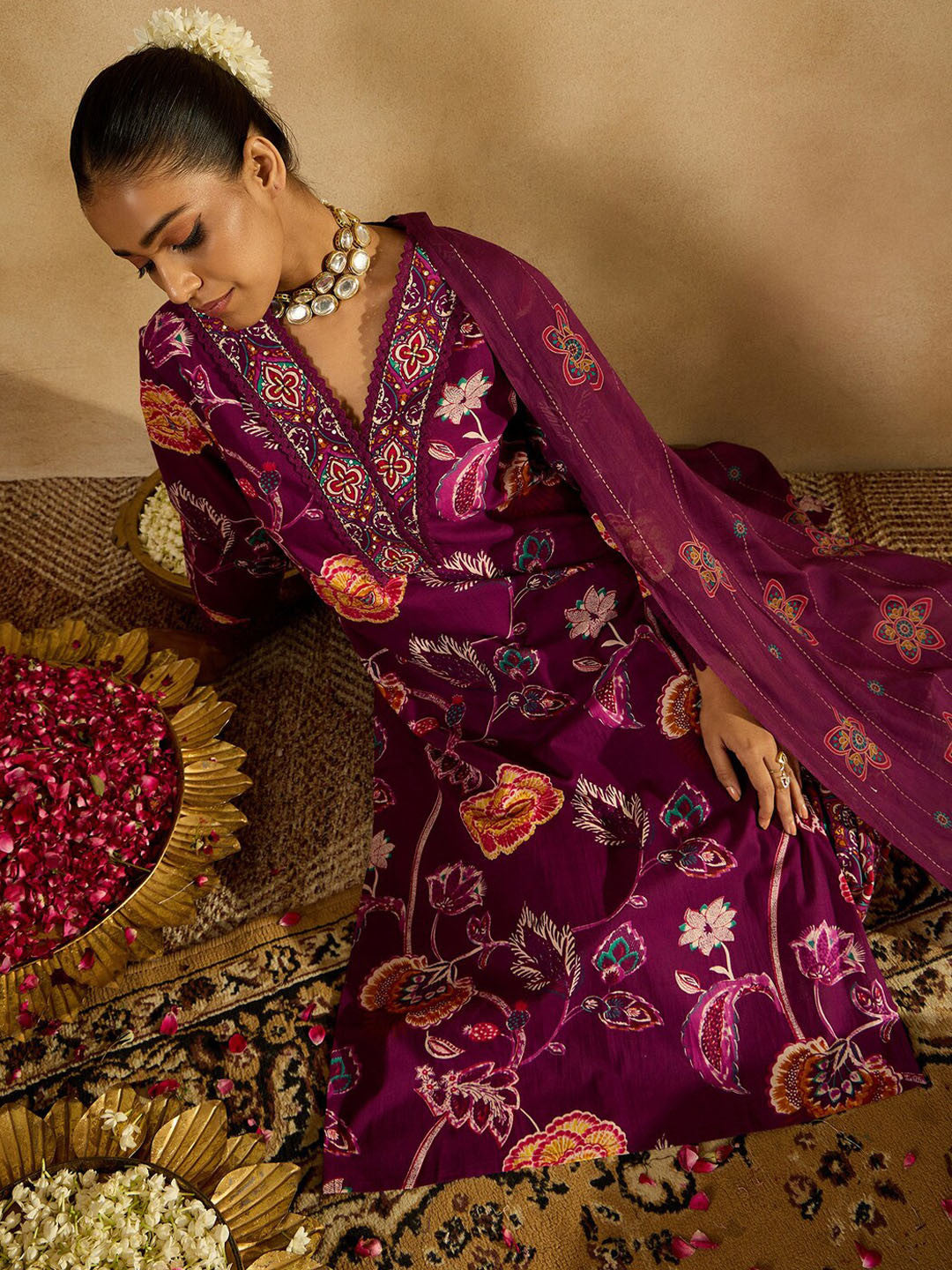 Burgundy Floral Printed V-Neck Sequinned Pure Cotton Straight Kurta Set