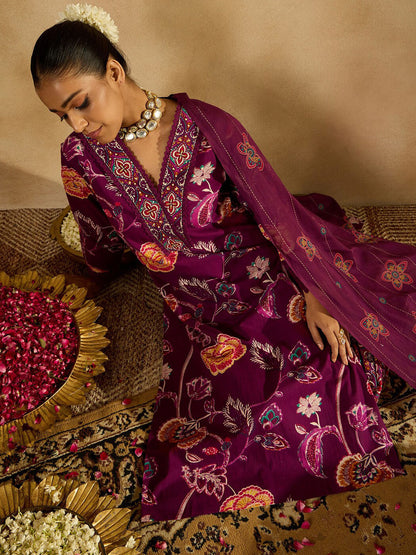 Burgundy Floral Printed V-Neck Sequinned Pure Cotton Straight Kurta Set