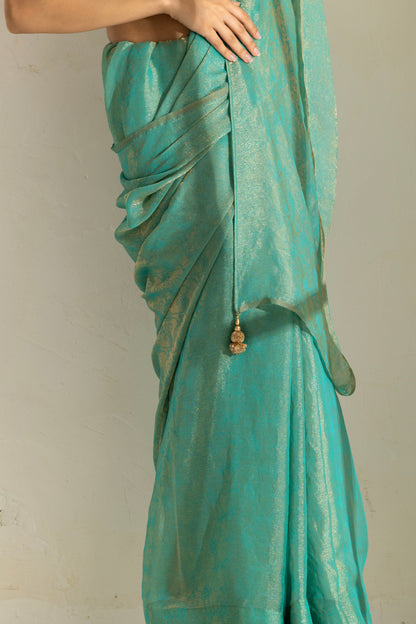Dhiyona ST Paris Green Paisley Gold Design Chiffon Saree with Beaded Latkan