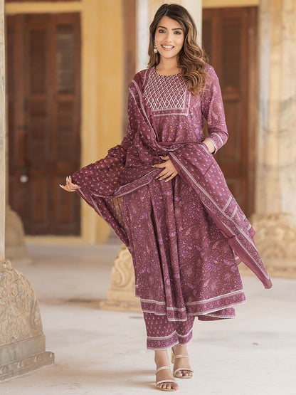Dhiyona KL Ethnic Motifs Printed Pure Cotton Anarkali Kurta With Trousers & Dupatta