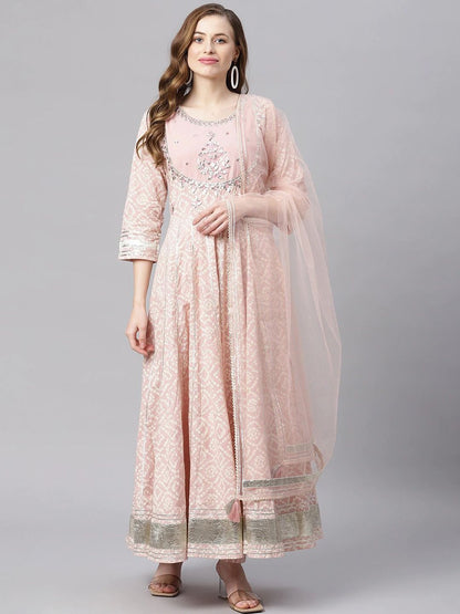 Dhiyona KL Bandhani Printed Thread Work Pure Cotton Anarkali Kurta & Trousers With Dupatta