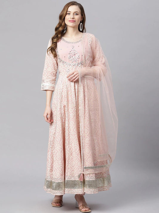 Dhiyona KL Bandhani Printed Thread Work Pure Cotton Anarkali Kurta & Trousers With Dupatta