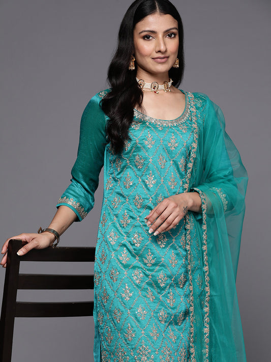 Womens Turquoise Blue Embroidered Straight Kurta With Sharara & Dupatta