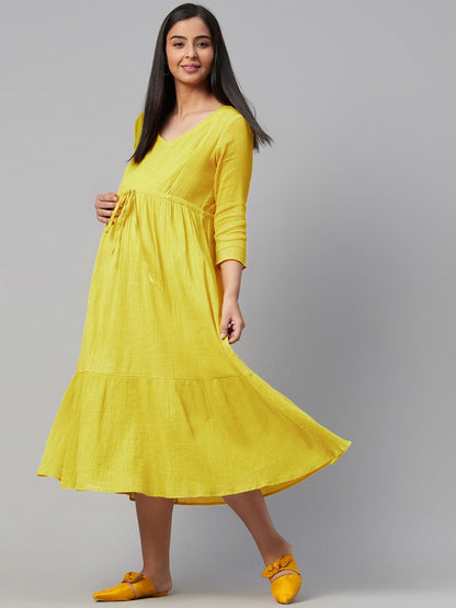 Dhiyona AY Women's Lime Green Solid Tiered Maternity A-Line Dress