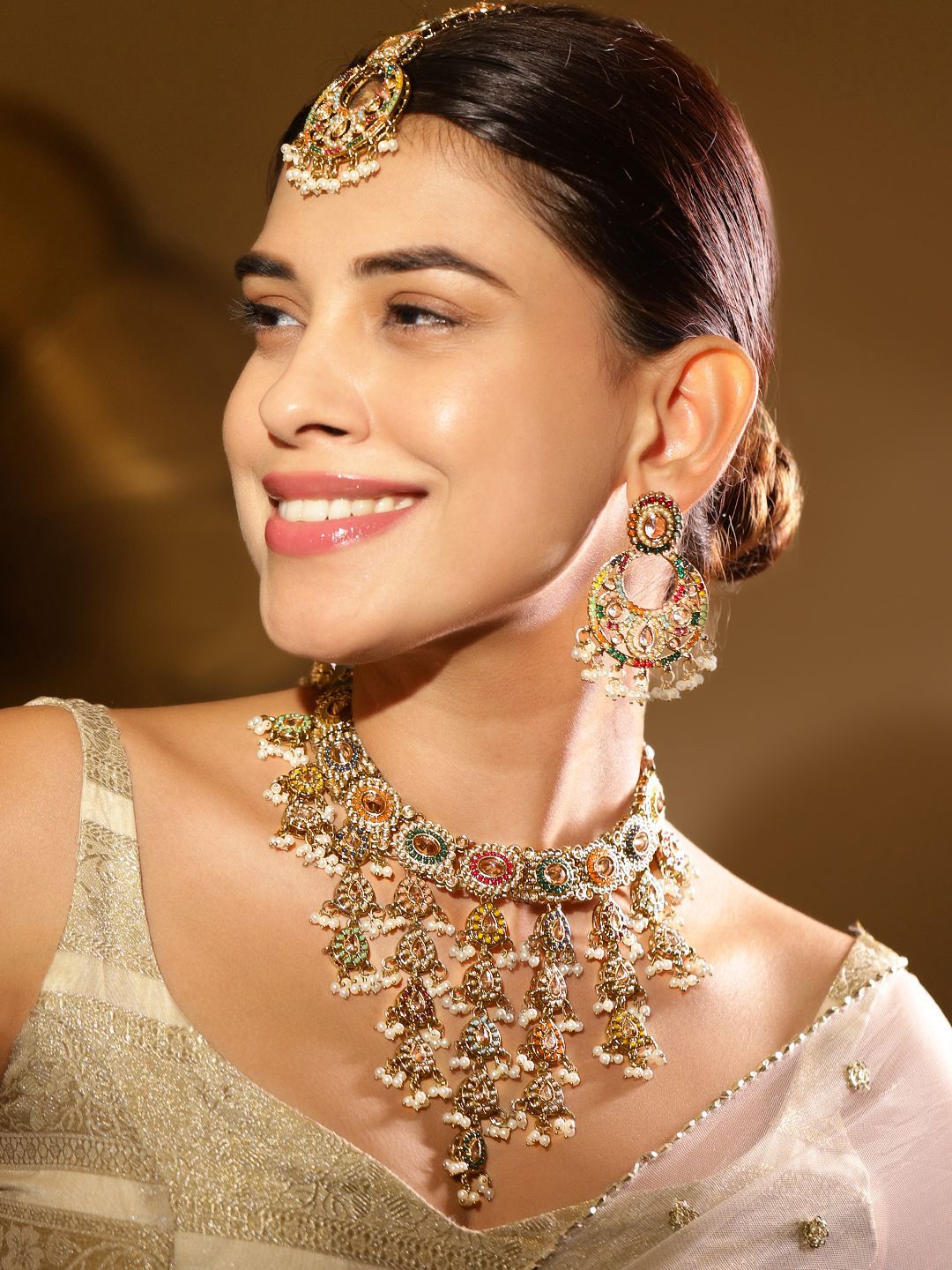 Dhiyona RJ Women's 22K Gold-Plated Multicolor Kundan & Cubic Zirconia Studded Bridal Jewelry Set