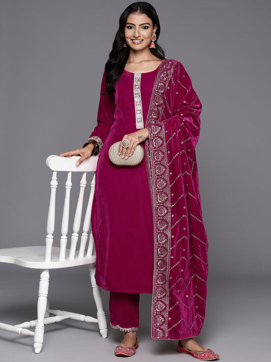 Women Ethnic Motifs Yoke Design Sequinned Velvet Kurta with Trousers & Dupatta