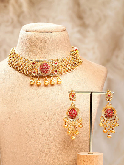 Dhiyona RJ Women's 24K Gold Plated Handcrafted Ruby Stone Studded & Gold Beaded Traditional Choker Set