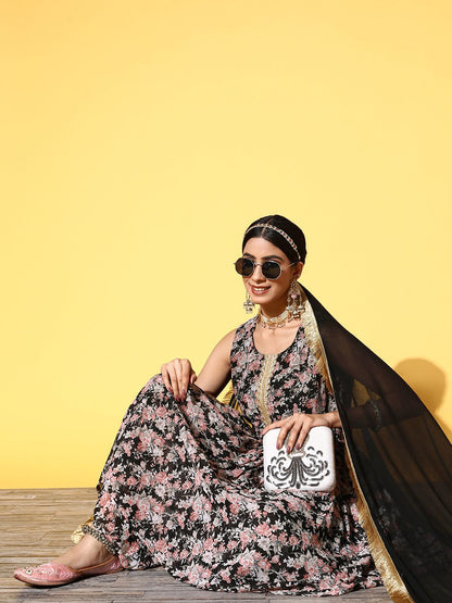 Dhiyona VA Women Black Floral Printed Pleated Kurta with Sharara & With Dupatta