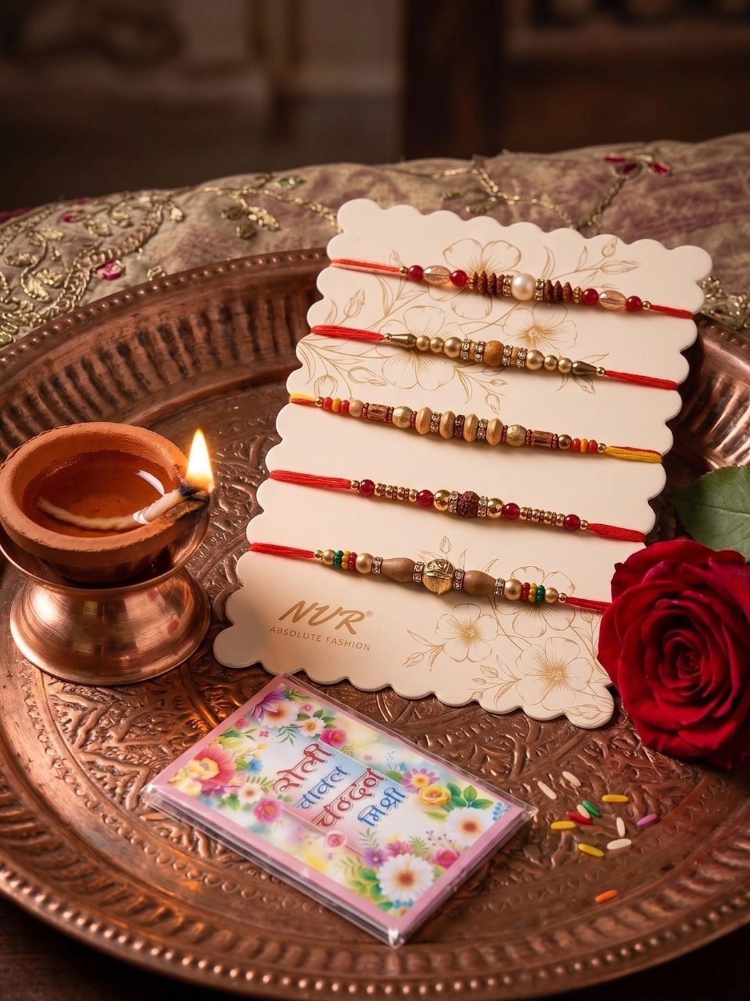 Dhiyona Set Of 5 Multicolor Designer Thread Rakhi With Roli Chawal Chandan Mishri