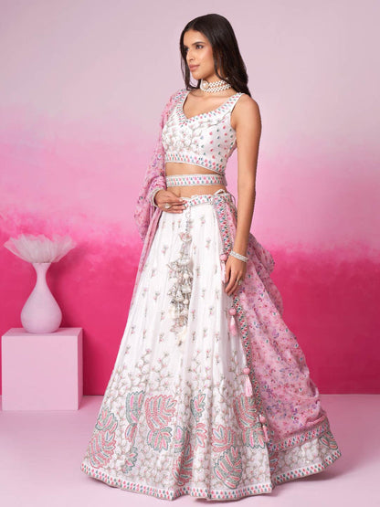 Women Cream Pure Chiffon Sequins and thread embroidery  Lehenga choli & Dupatta