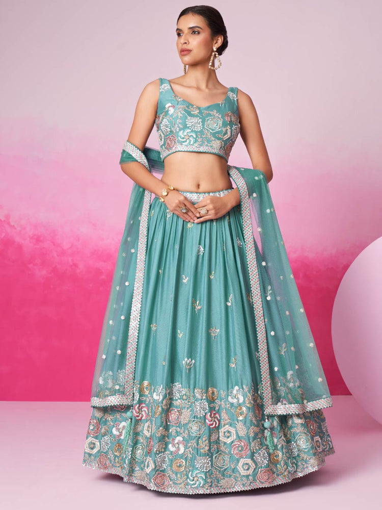 Women Turquois Blue Pure Georgette Sequins embroidery Lehenga choli & Dupatta