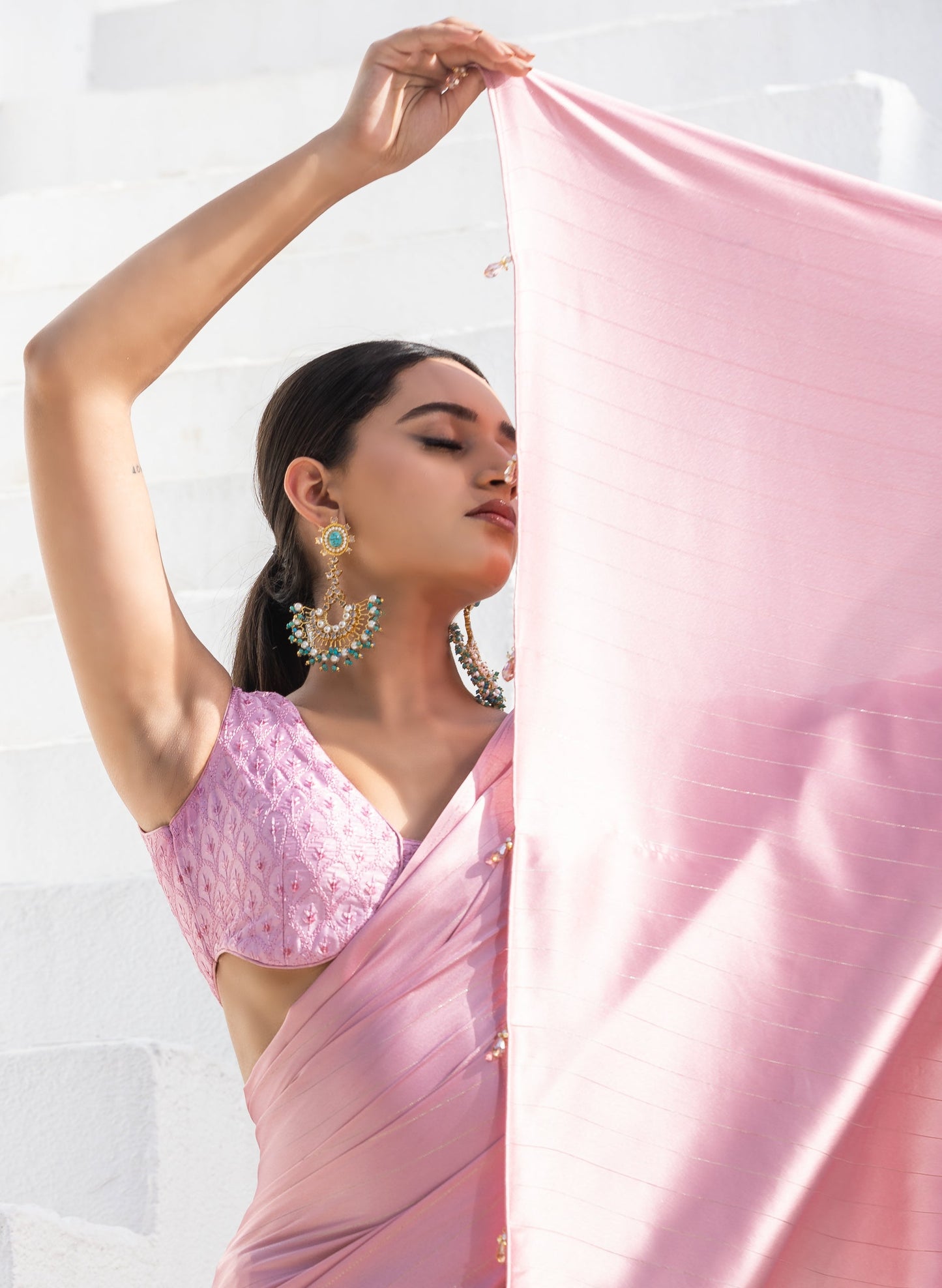 Dhiyona ST Cherry Blossom Pink Stripe Satin Saree with Embroidery Blouse fabric
