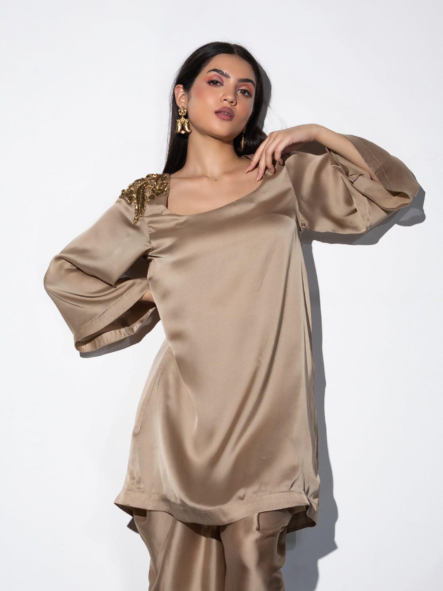 Dhiyona ST Women's Peanut Satin Short Kurta with Embellished Gold Patch on Shoulder 1 Piece | Straight Fit, U Neck, Full Sleeves, Festive Wear, (Satin)