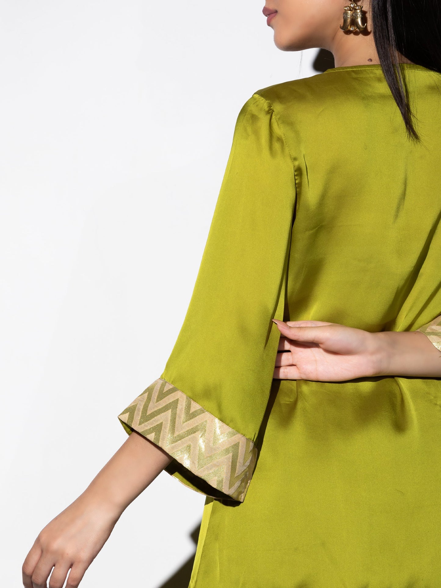 Dhiyona ST Women's Lime Green Satin Kurta with Pleated Front and Inner Brocade Cuff 1 Piece | Straight Fit, Round Neck, 3/4 Sleeves, Festive Wear, (Satin)