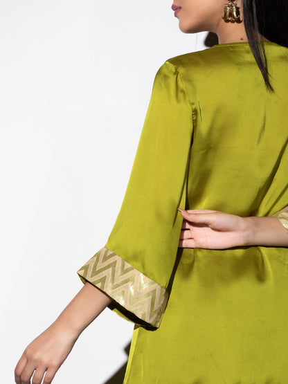 Dhiyona ST Women's Lime Green Satin Kurta with Pleated Front and Inner Brocade Cuff 1 Piece | Straight Fit, Round Neck, 3/4 Sleeves, Festive Wear, (Satin)