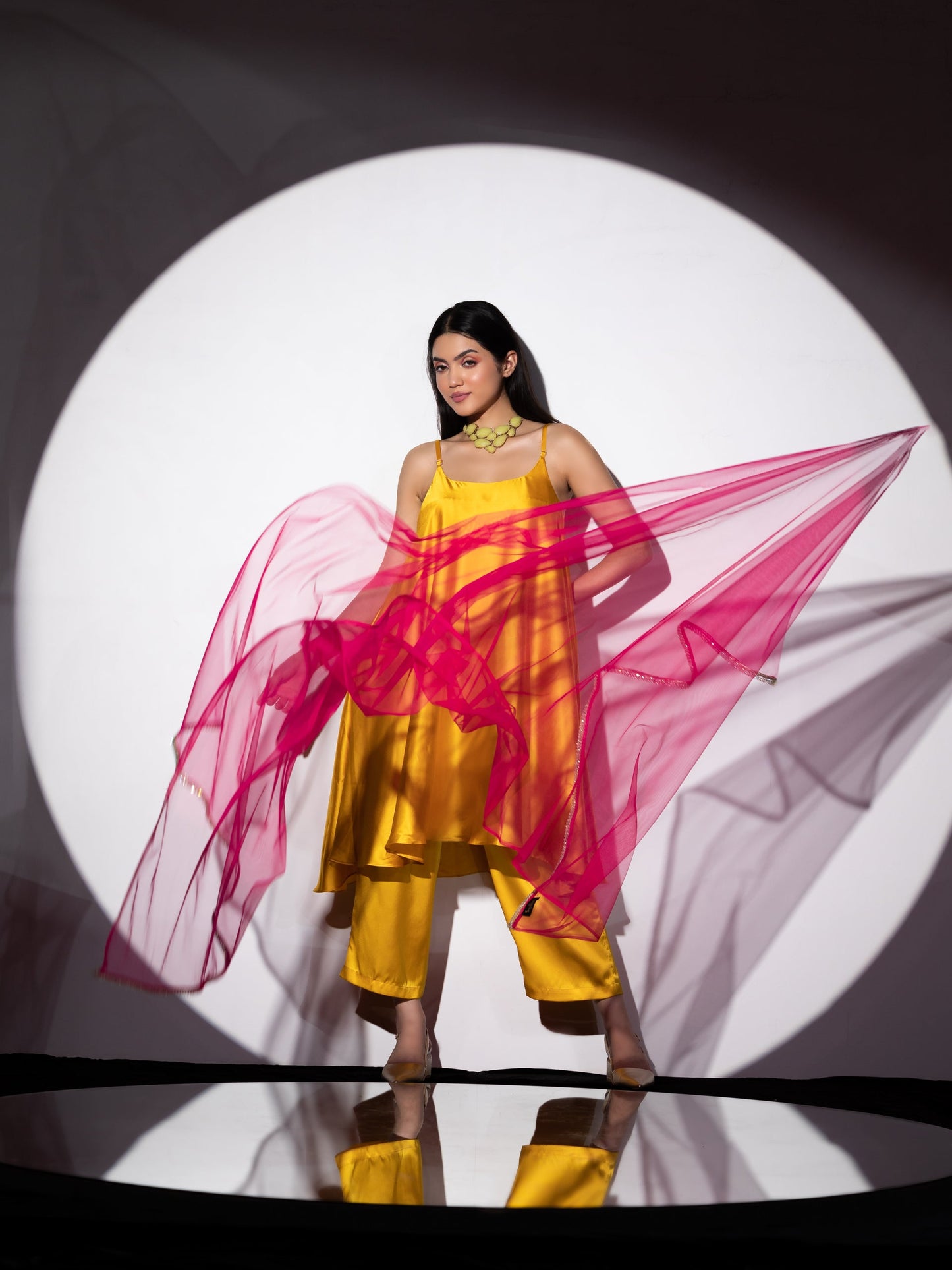 Dhiyona ST Women's Yellow Satin Dress with Pants and Net Dupatta with Lace 3 Piece Set | A-Line, Round Neck, Sleeveless, Pants, Partywear, (Satin)