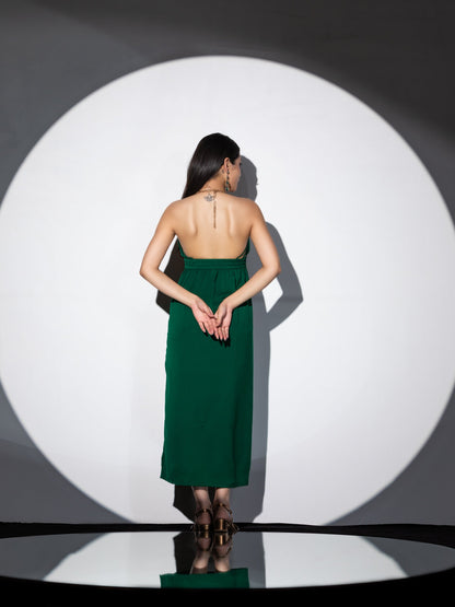 Dhiyona ST Women's Metal Strap Korean Emerald Dress Set with Satin Organza Cape 2 Piece Set | A-Line, V Neck, Sleeveless, Partywear, (Satin Organza)