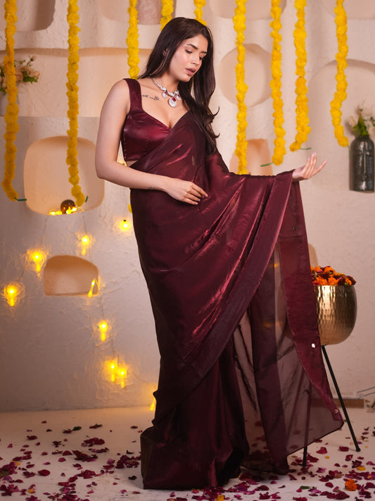 Dhiyona ST Deep Maroon Metallic Satin Saree With Bronze Sequins And Blouse Fabric