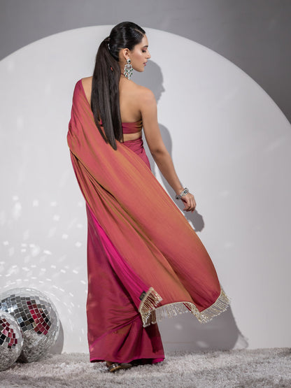 Dhiyona ST Treasure Paradise Satin Saree with Long Beads and Blouse Fabric