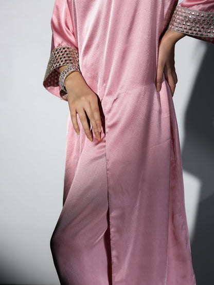 Dhiyona ST Women's Vision in Pink Satin Set with Gold Triangle on Sleeves and Easy Pants 2 Piece Set | Straight Fit, Round Neck, 3/4 Sleeves, Pants, Festive Wear, (Satin)