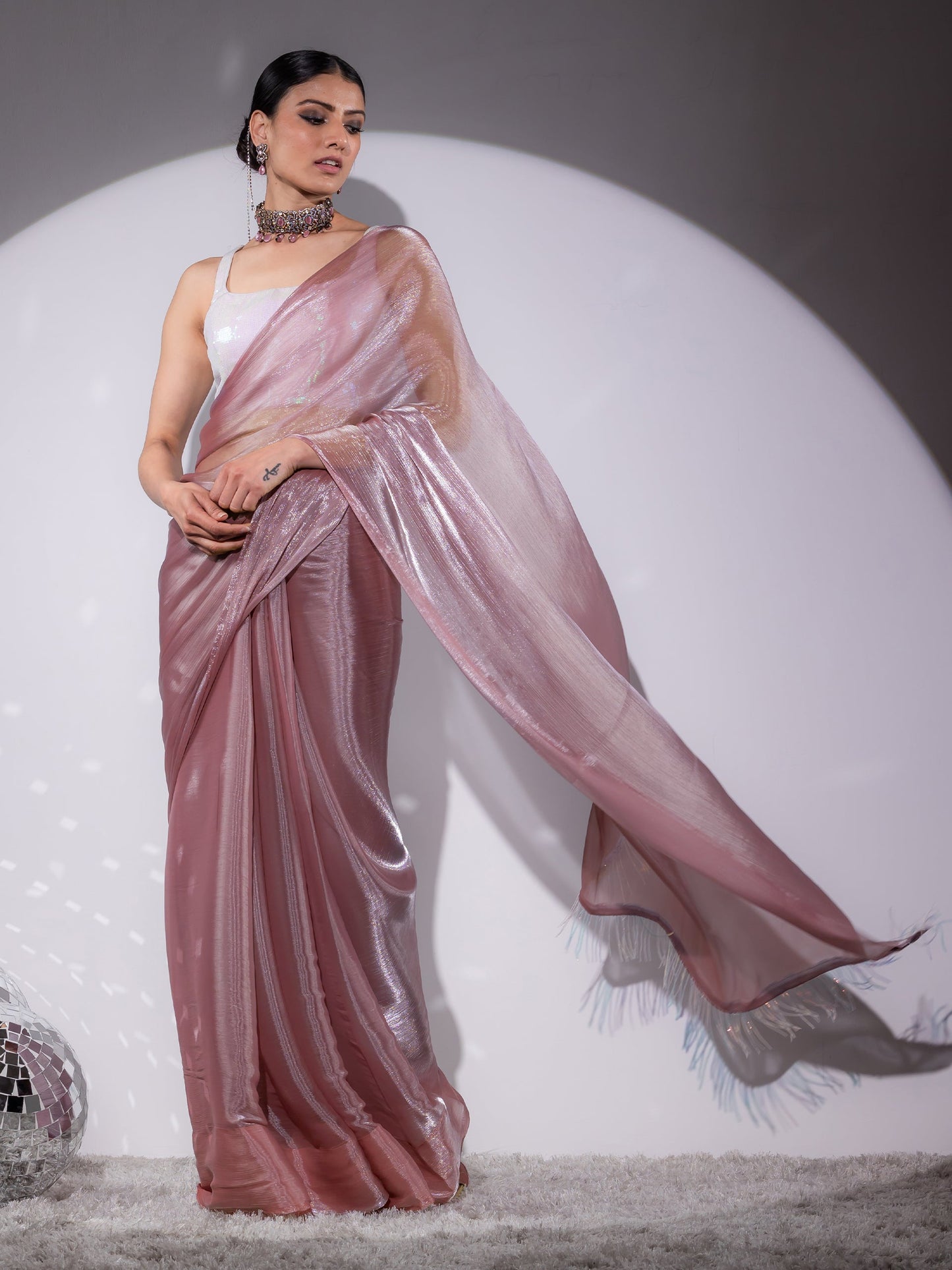 Dhiyona ST Rosy Cloud Organza Satin Saree with Long Iridescent Lace