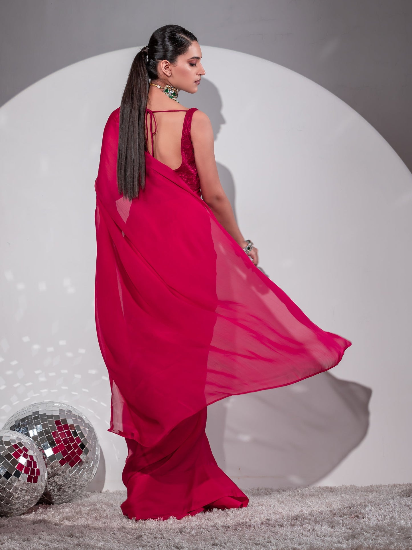Dhiyona ST Romantic Crimson Butter Chiffon Saree with Embroidered Blouse Fabric