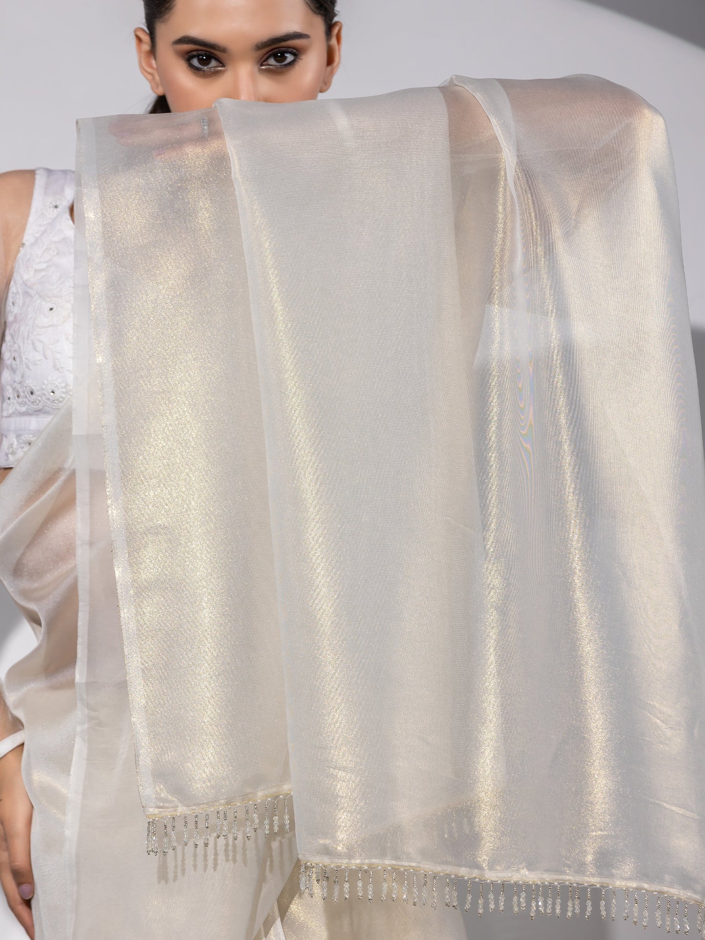 Dhiyona ST Royal Affair White Gold Organza Saree with Embroidered Blouse Fabric