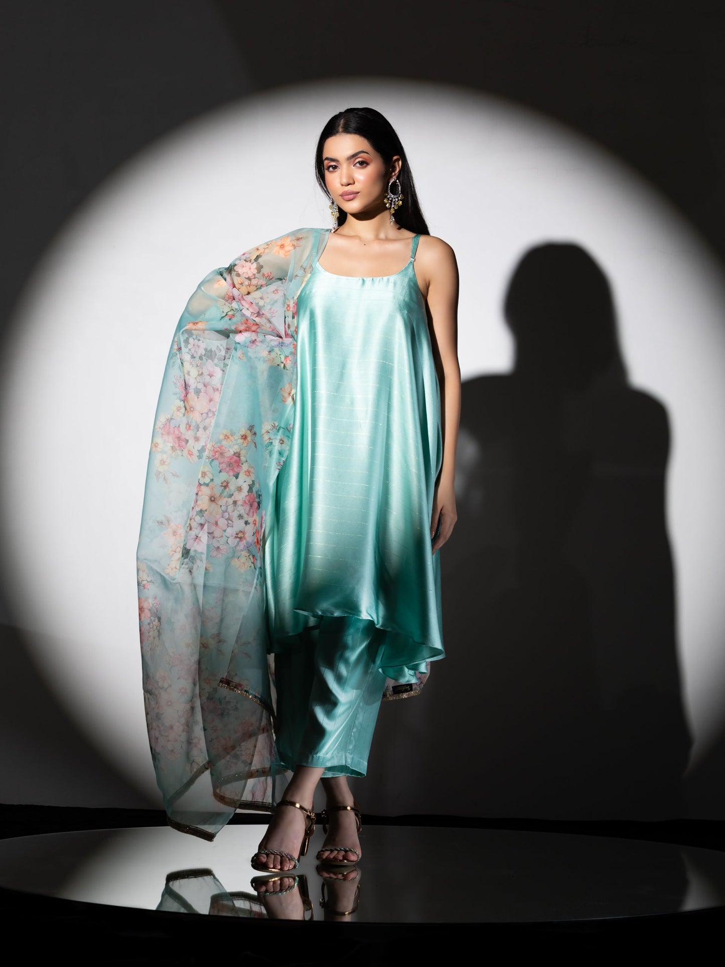 Dhiyona ST Women's Mint Stripe Satin Dress Set with Pants and Organza Printed Dupatta with Lace 3 Piece Set | Straight Fit, Round Neck, Sleeveless, Pants, Partywear, (Satin Organza)