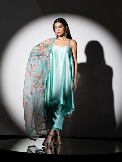 Dhiyona ST Women's Mint Stripe Satin Dress Set with Pants and Organza Printed Dupatta with Lace 3 Piece Set | Straight Fit, Round Neck, Sleeveless, Pants, Partywear, (Satin Organza)